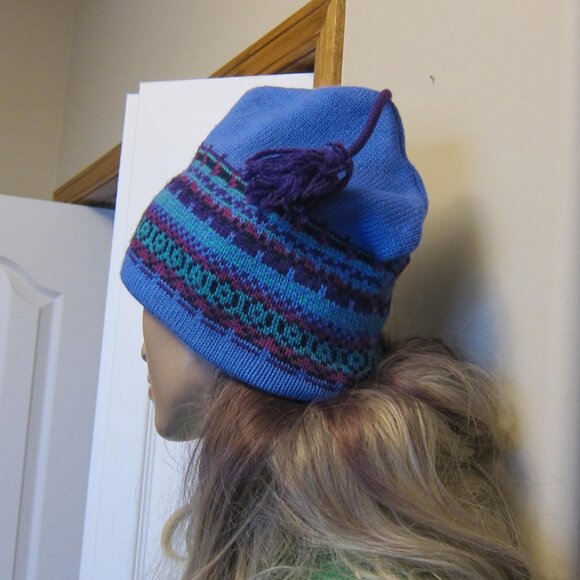 VINTAGE BANFF SUNSHINE VILLAGE BLUE WOOL FAIR ISLE TOQUE SKI BEANIE TASSEL - Picture 5 of 8